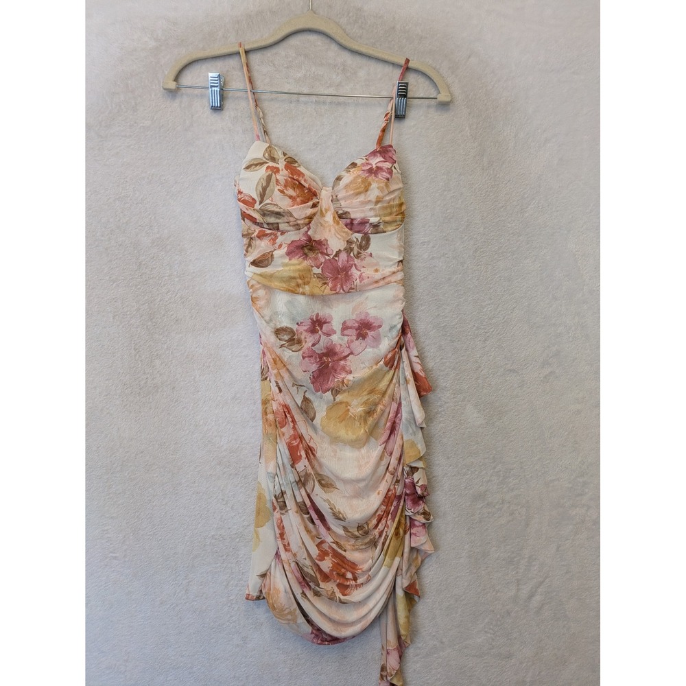 Windsor Mini Dress Women's XS Cream Floral Ruched Mesh Ruffle
